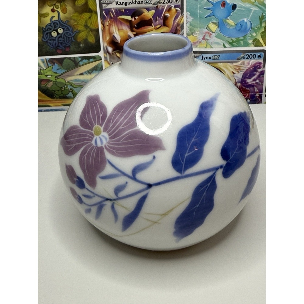 Vintage Signed Studio Pottery‎ Floral Bud Vase Round White Blue Purple 4.5"